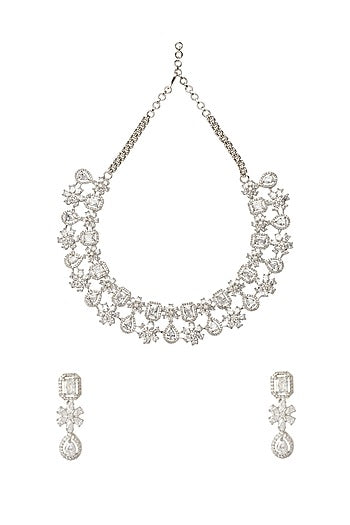 Silver Finish Zircon Floral Necklace Set
