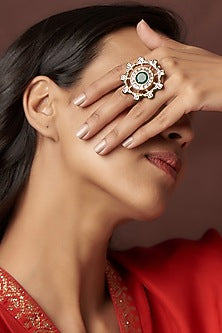Gold Finish Kundan Polki & Navratna Stone Handcrafted Ring