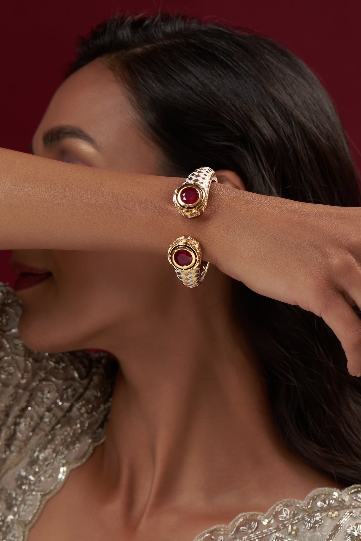 Gold Finish Ruby Synthetic Stone Bangle