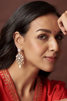 Gold Finish Kundan Polki & Beaded Dangler Earrings