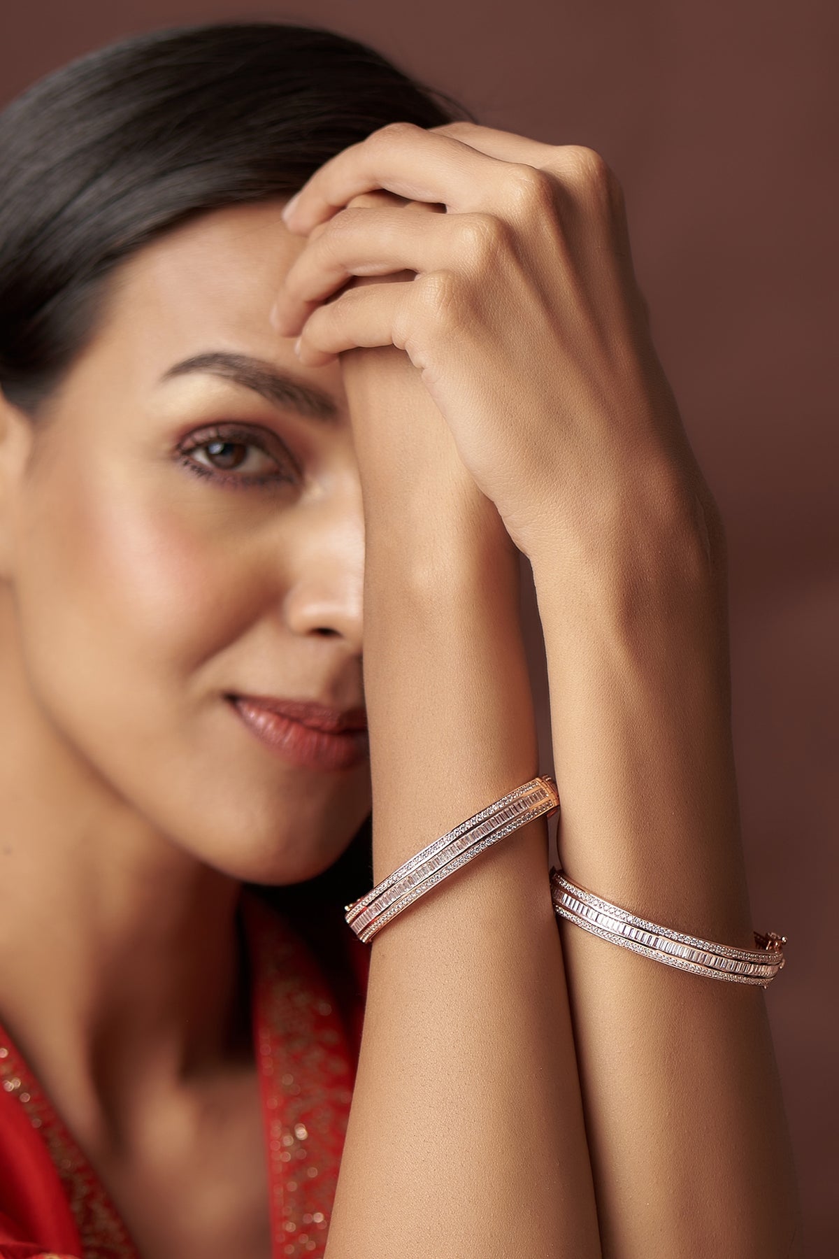 Rose Gold Finish Zircon Bangles (Set Of 2)