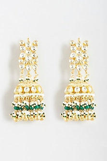 Gold Finish Green & White Beaded Dangler Earrings