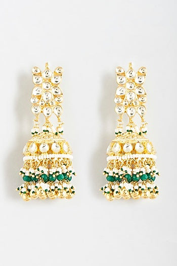 Gold Finish Green & White Beaded Dangler Earrings
