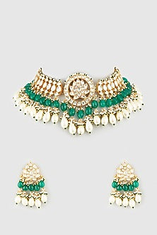 Gold Finish Green Kundan Polki & Green Beaded Choker Necklace Set