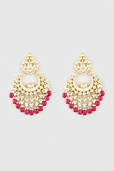 Gold Finish Kundan Polki & Ruby Beaded Chandbali Earrings