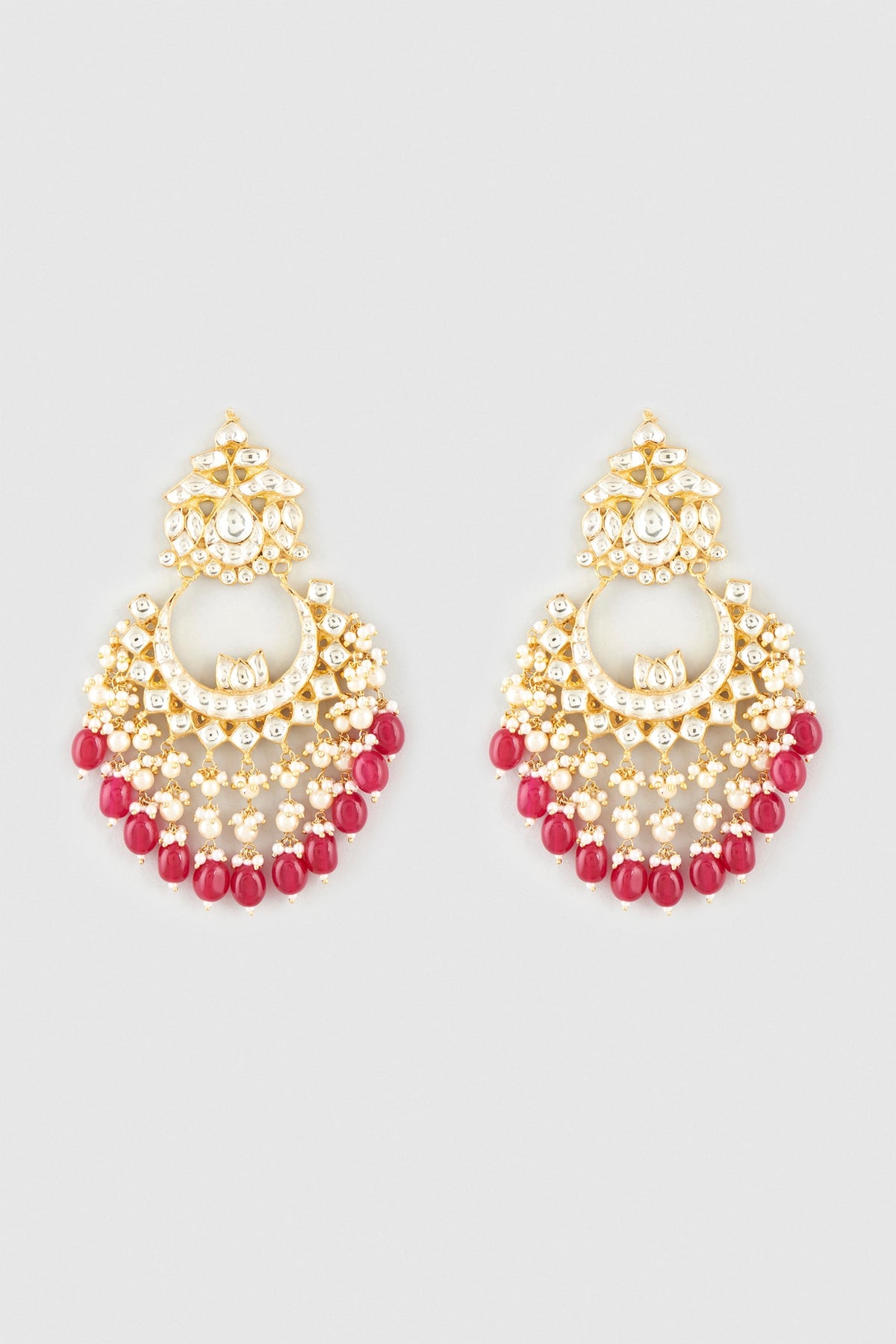 Gold Finish Kundan Polki & Ruby Beaded Chandbali Earrings