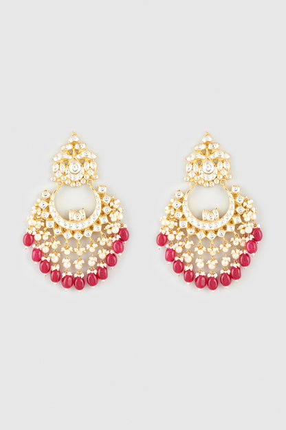 Gold Finish Kundan Polki & Ruby Beaded Chandbali Earrings