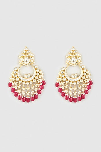 Gold Finish Kundan Polki & Ruby Beaded Chandbali Earrings