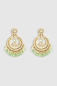 Gold Finish Kundan Polki & Mint Beaded Chandbali Earrings