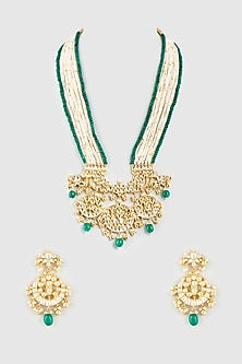 Gold Finish Green Beads & Kundan Polki Long Necklace Set