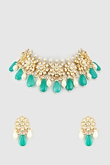 Gold Finish Kundan Polki & Green Beaded Choker Necklace Set
