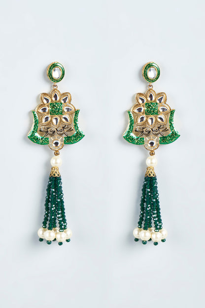 Gold Finish Green Synthetic Stone Enameled Dangler Earrings