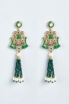 Gold Finish Green Synthetic Stone Enameled Dangler Earrings