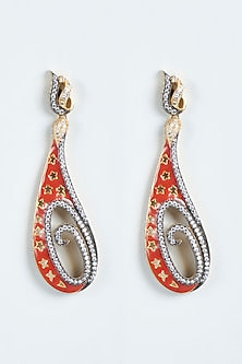 Gold Finish Red Enameled Dangler Earrings