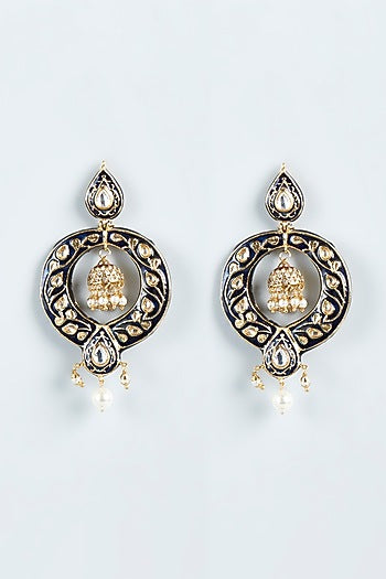 Two-Tone Finish Black Kundan Polki Chandbali Earrings