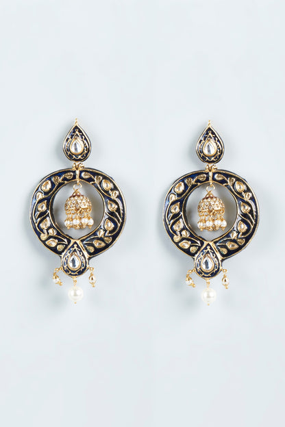 Two-Tone Finish Black Kundan Polki Chandbali Earrings