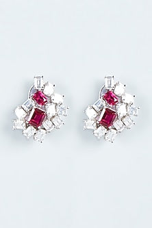 White Finish Zircon & Red Stone Stud Earrings