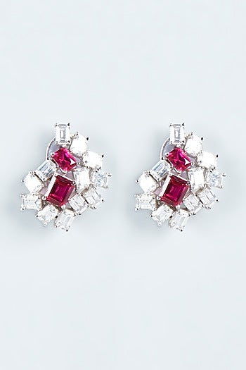 White Finish Zircon & Red Stone Stud Earrings