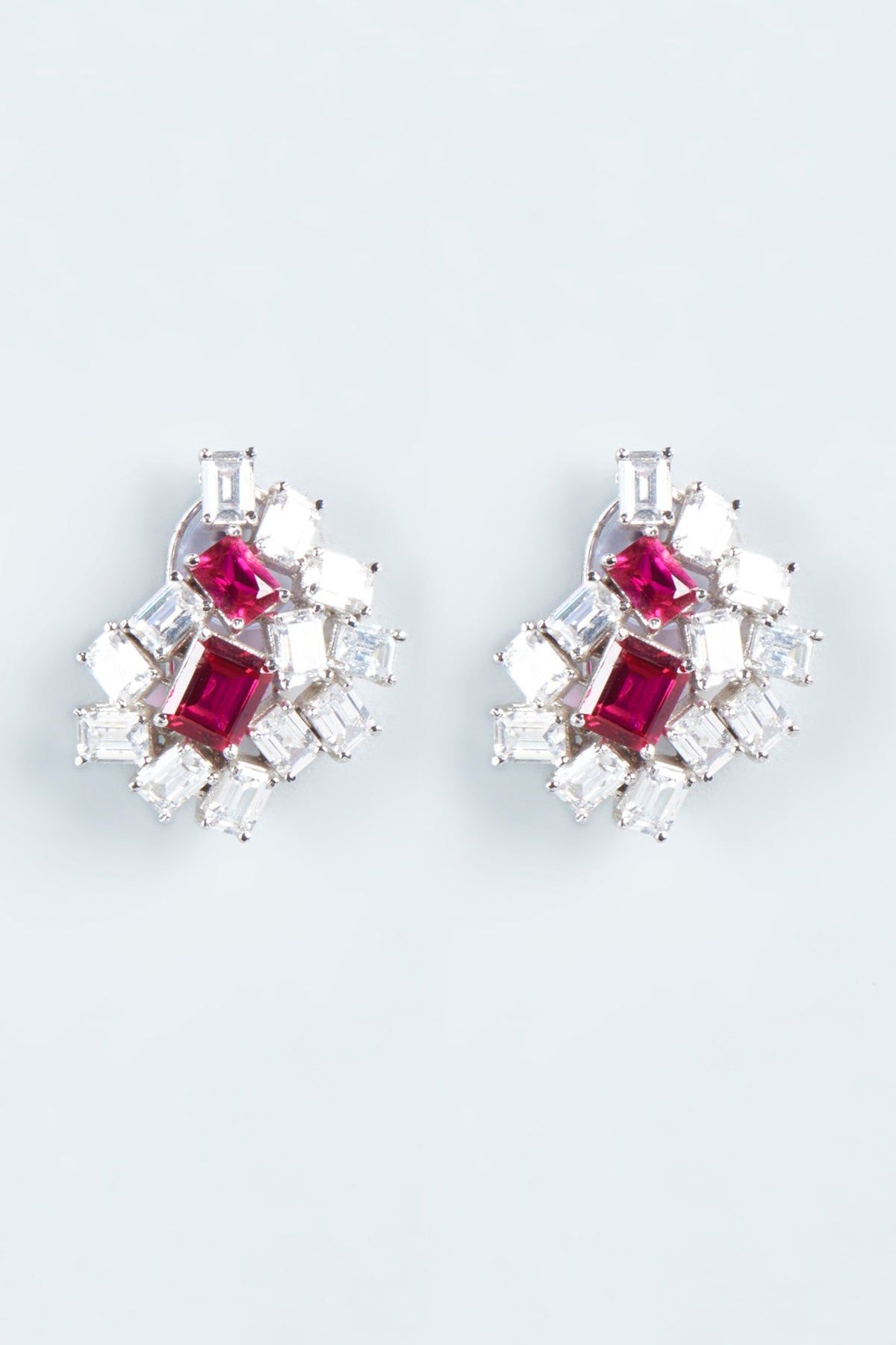 White Finish Zircon & Red Stone Stud Earrings