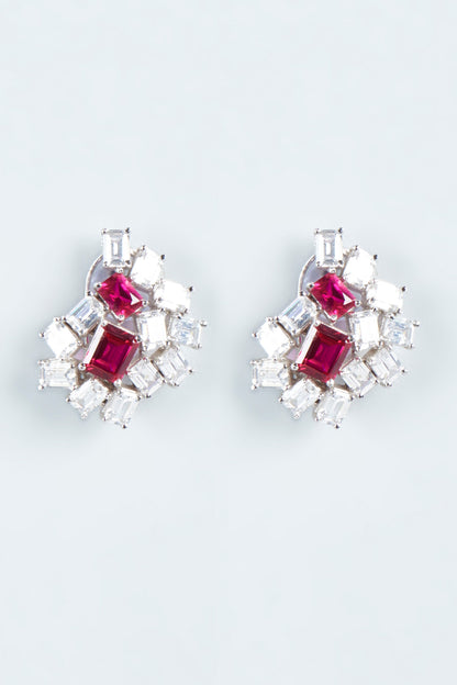 White Finish Zircon & Red Stone Stud Earrings