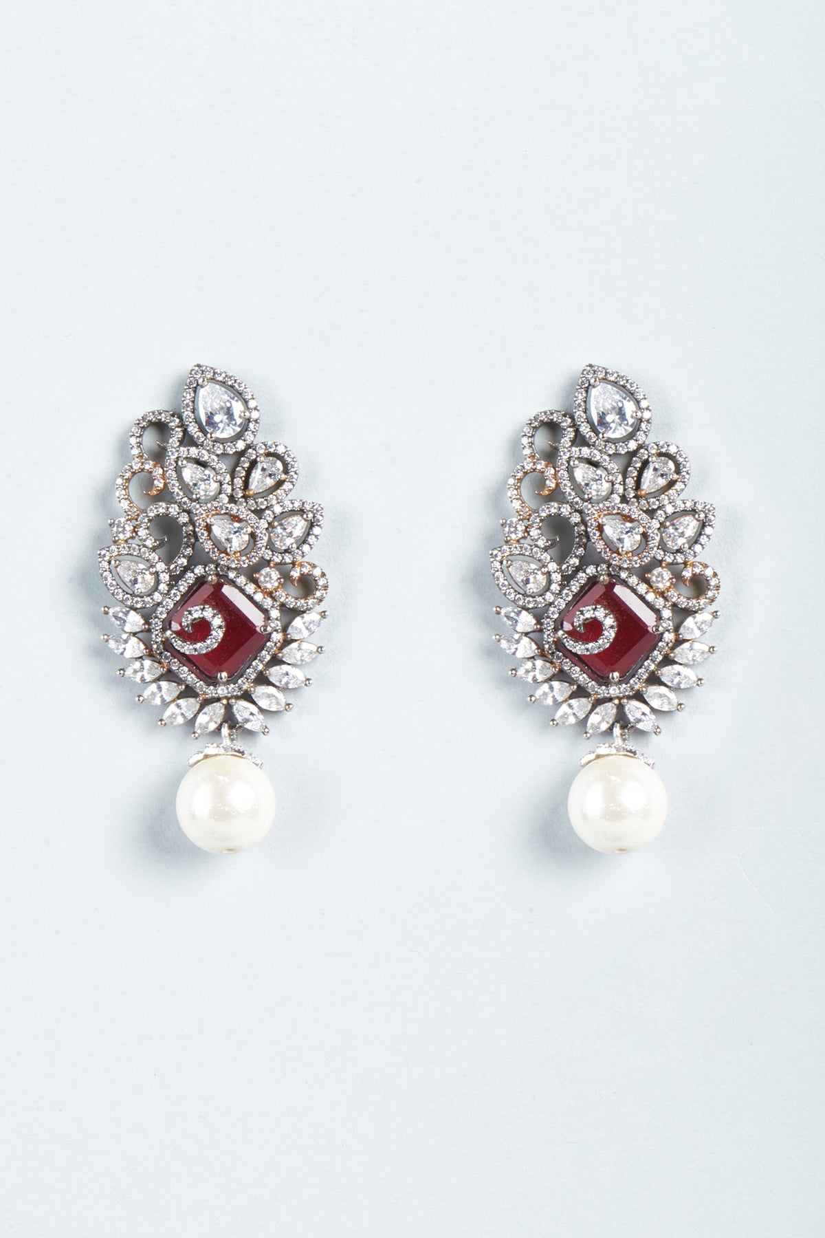 Black Rhodium Finish Zircon & Red Stone Dangler Earrings