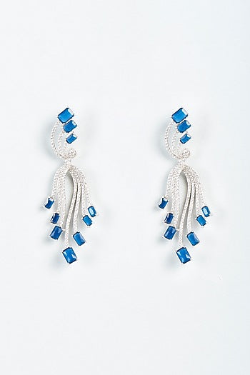 White Finish Cobalt Blue Stone & Zircon Dangler Earrings