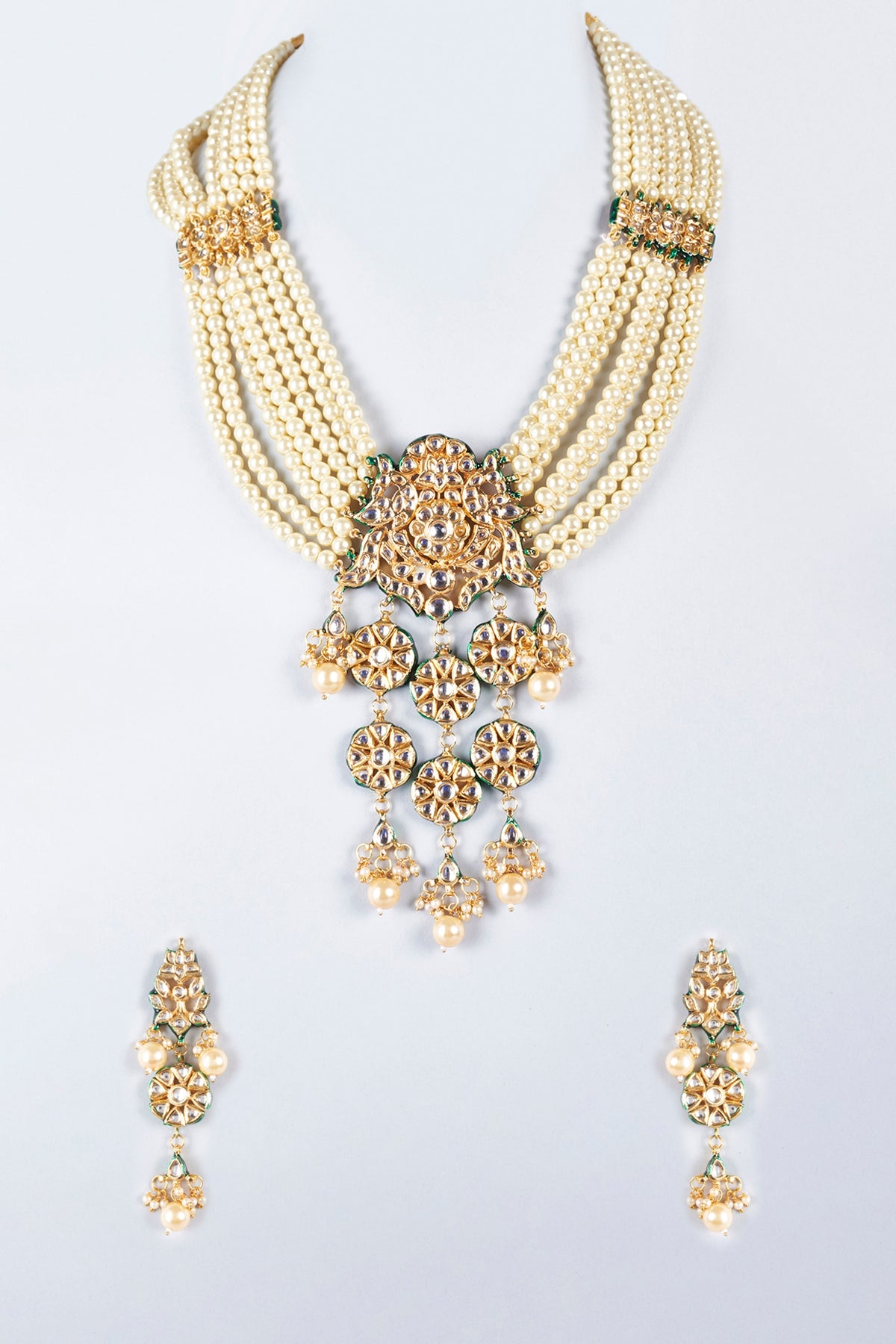 Gold Finish Kundan Polki & Semi-Precious Stone Handcrafted Necklace Set
