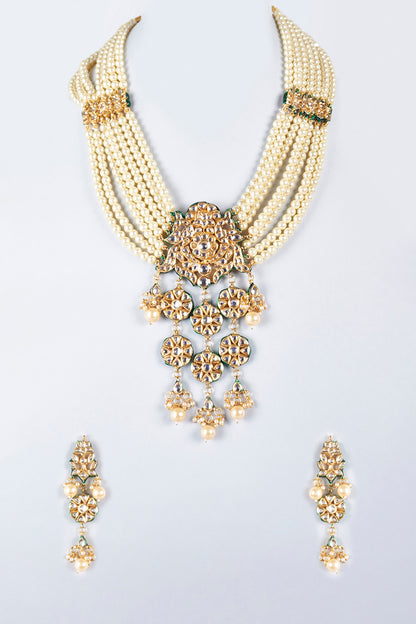 Gold Finish Kundan Polki & Semi-Precious Stone Handcrafted Necklace Set