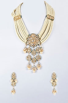 Gold Finish Kundan Polki & Semi-Precious Stone Handcrafted Necklace Set