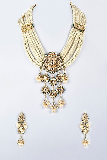 Gold Finish Kundan Polki & Semi-Precious Stone Handcrafted Necklace Set