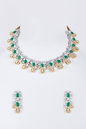 Two-Tone Finish Zircon & Emerald Synthetic Stone Necklace Set