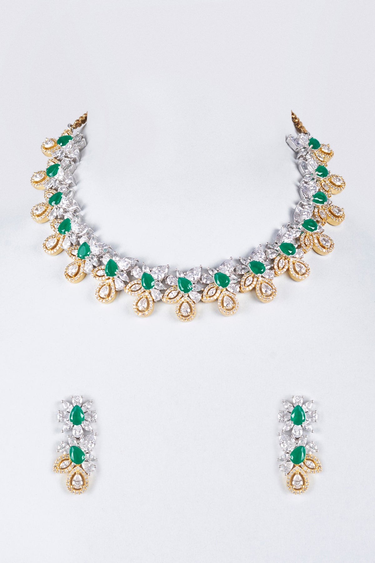 Two-Tone Finish Zircon & Emerald Synthetic Stone Necklace Set