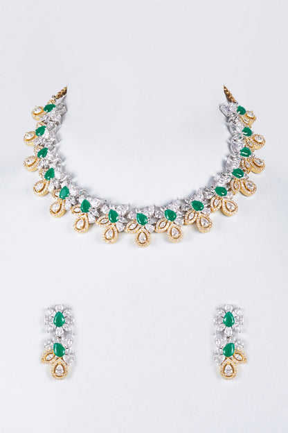 Two-Tone Finish Zircon & Emerald Synthetic Stone Necklace Set