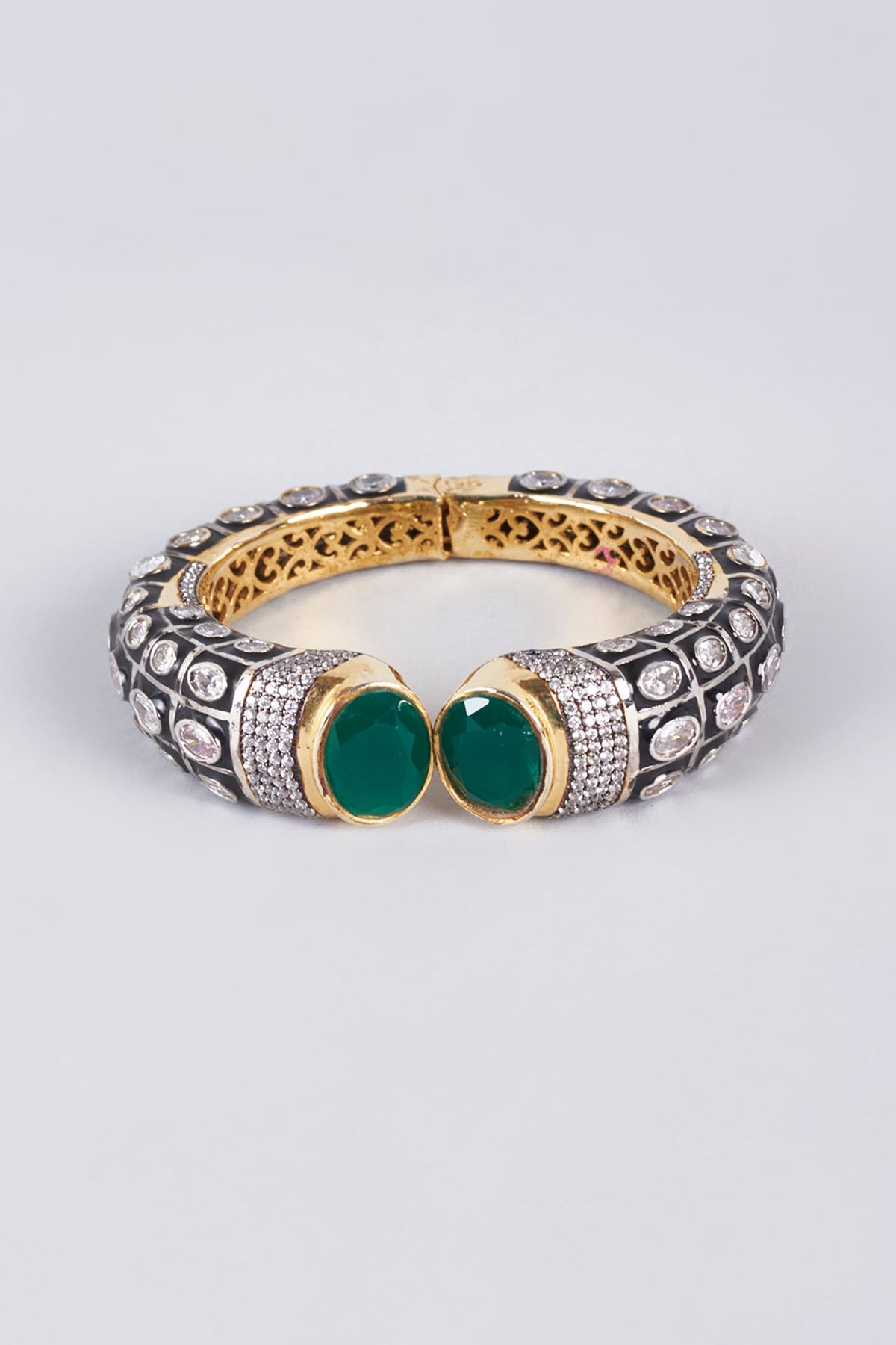 Black Rhodium Finish Zircon & Green Stone Kada
