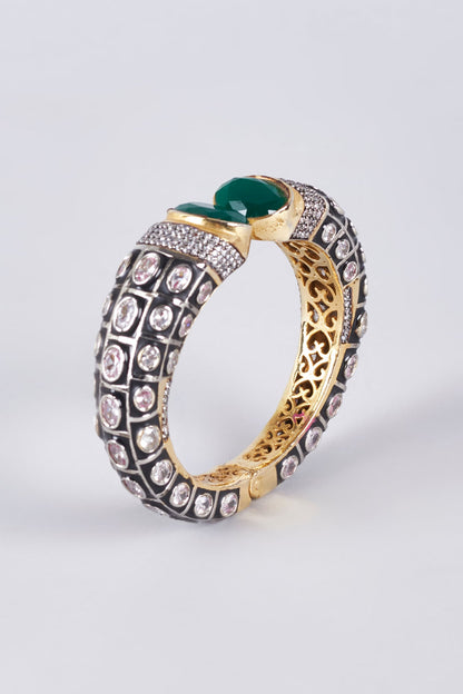 Black Rhodium Finish Zircon & Green Stone Kada