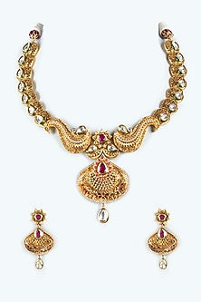 Gold Finish Kundan Polki & Semi-Precious Beaded Handmade Temple Necklace Set