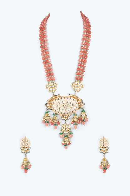 Orange Kundan Polki & Beaded Long Necklace Set