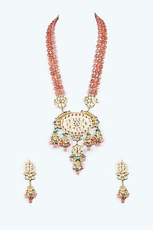 Orange Kundan Polki & Beaded Long Necklace Set