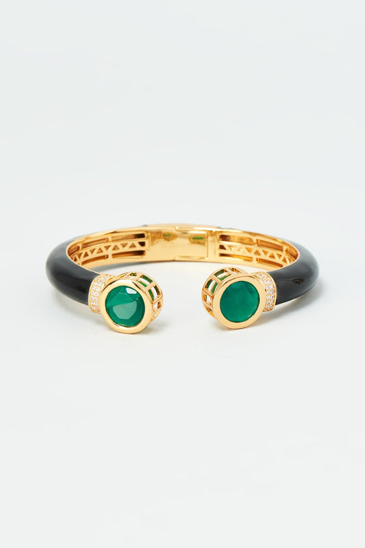 Gold Finish Zircon & Green Synthetic Stone Enameled Bangle