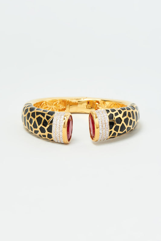 Gold Finish Zircon & Ruby Synthetic Stone Enameled Bangle