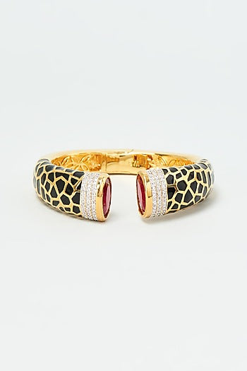 Gold Finish Zircon & Ruby Synthetic Stone Enameled Bangle