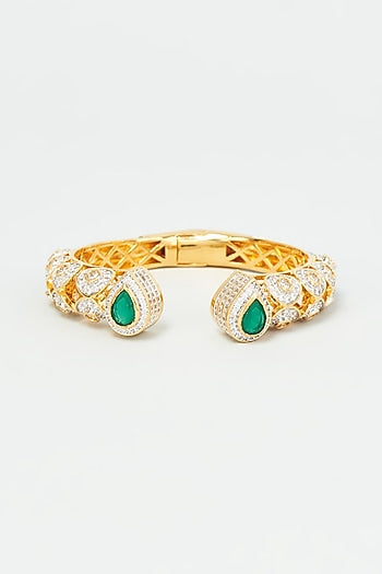 Gold Finish Zircon & Green Synthetic Stone Enameled Bangle