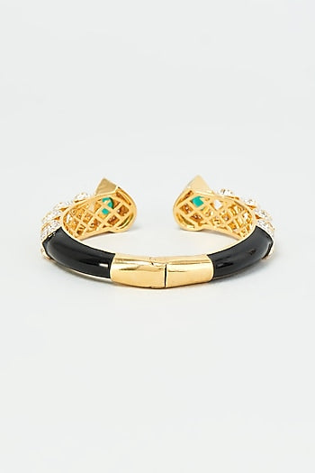 Gold Finish Zircon & Green Synthetic Stone Enameled Bangle