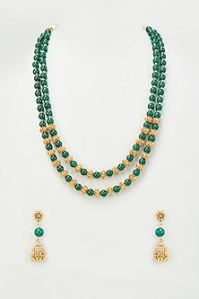 Gold Finish Green Glass Beaded Layered Mala Set