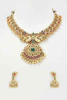 Gold Finish Synthetic Stone Long Temple Necklace Set