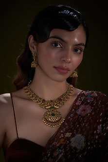 Gold Finish Synthetic Stone Long Temple Necklace Set