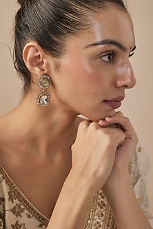 Gold Finish Kundan Polki & Green Gem Stone Dangler Earrings
