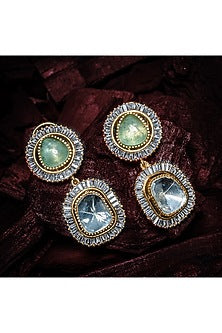 Gold Finish Kundan Polki & Green Gem Stone Dangler Earrings