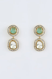 Gold Finish Kundan Polki & Green Gem Stone Dangler Earrings