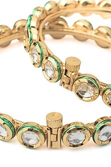 Gold Finish Kundan Polki Bangles (Set Of 2)